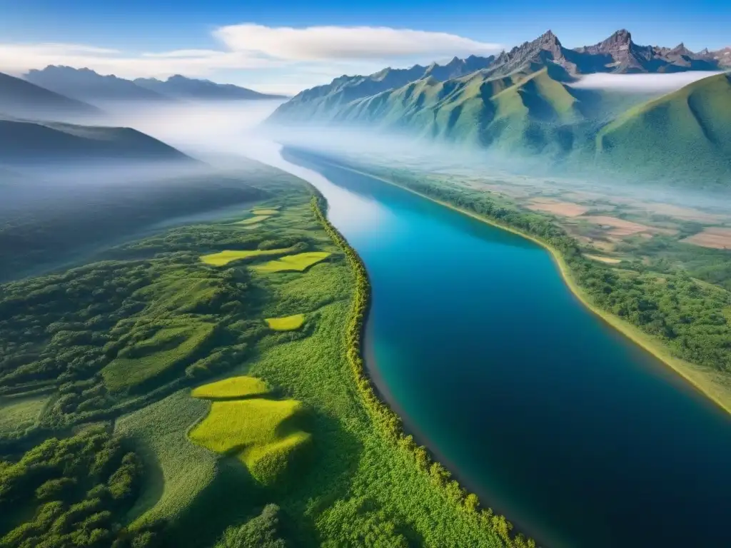 Tierra virgen: paisaje natural con potencial de desarrollo Un paisaje virgen con terrenos sin desarrollar, ríos serpenteantes y montañas majestuosas bajo un cielo azul