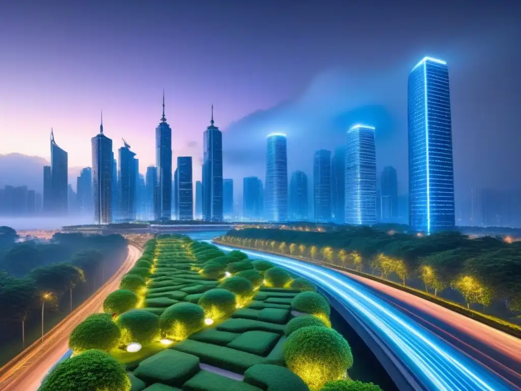 Un paisaje urbano animado al anochecer, con rascacielos iluminados y tecnología sostenible, simbolizando ciudades inteligentes sostenibles análisis