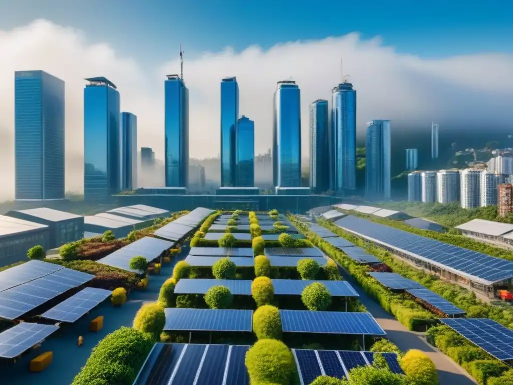 Metrópolis sostenible: innovación y progreso bajo el cielo azul Un paisaje urbano animado con rascacielos modernos y sostenibles que brillan bajo un cielo azul claro