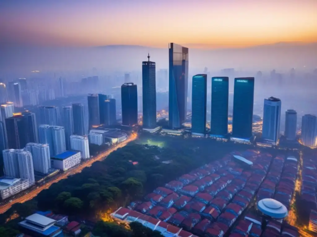 Contraste urbano: Jakarta entre tradición y modernidad al atardecer Paisaje urbano de Yakarta al atardecer, fusionando arquitectura tradicional con rascacielos modernos