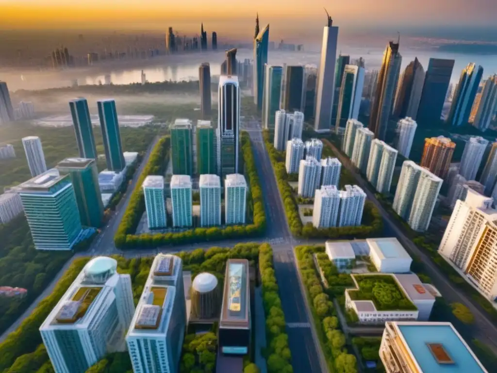 Espectacular vista aérea de una ciudad moderna al atardecer Un paisaje urbano al atardecer con rascacielos modernos, reflejos dorados y calles llenas de vida, simbolizando la fusión de culturas en barreras culturales M&A inmobiliario internacional