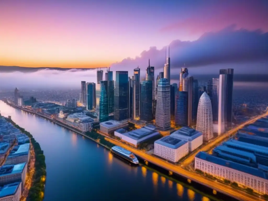 Horizonte urbano al atardecer: luces vibrantes y arquitectura moderna Un paisaje urbano al atardecer con rascacielos iluminados y un río sereno