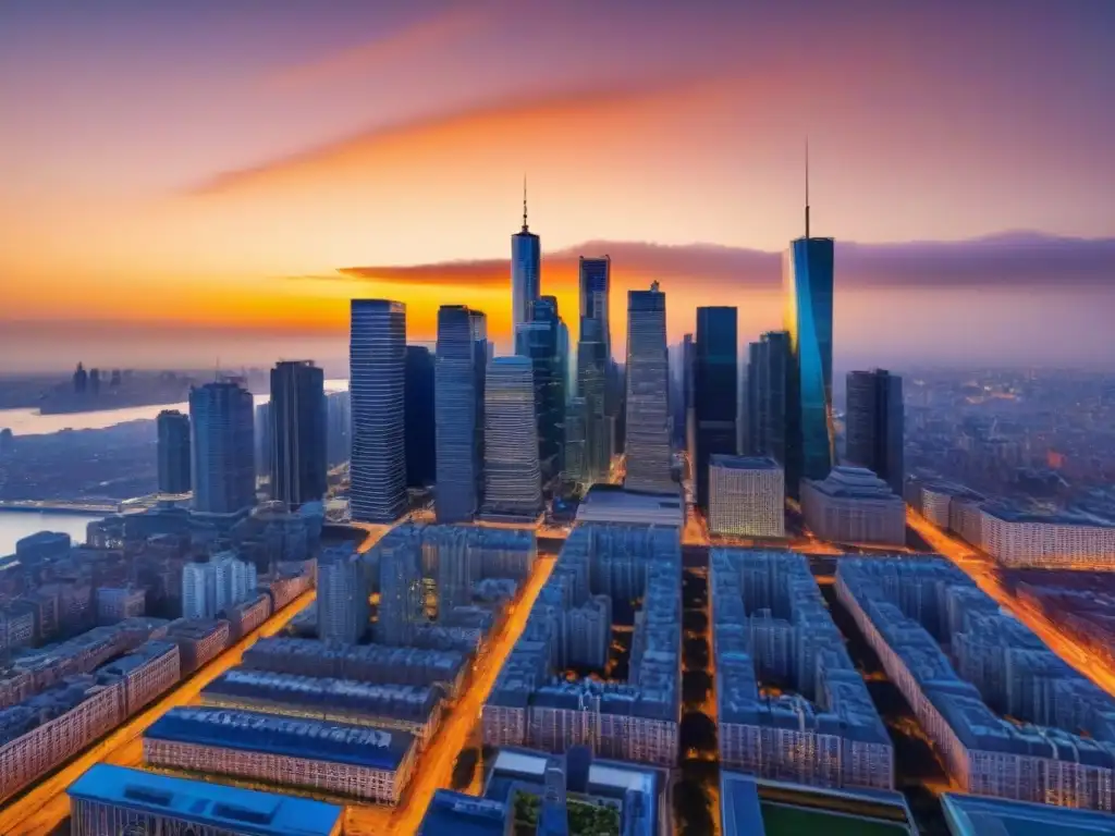 Skyline urbano: tradición e innovación en mercado inmobiliario global Paisaje urbano al atardecer con rascacielos modernos y edificios históricos, reflejando el impacto migratorio en el mercado inmobiliario internacional