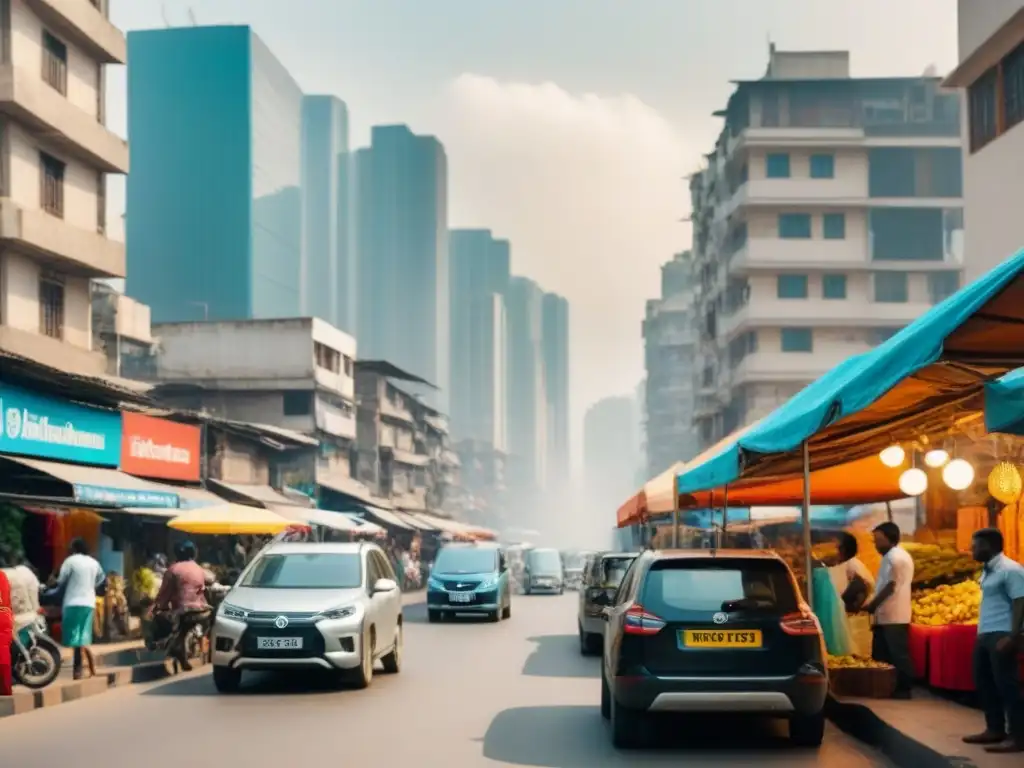 Cityscape vibrante: mezcla de tradición y modernidad en mercado emergente Un paisaje urbano bullicioso en una ciudad en desarrollo, con edificios modernos y viviendas tradicionales