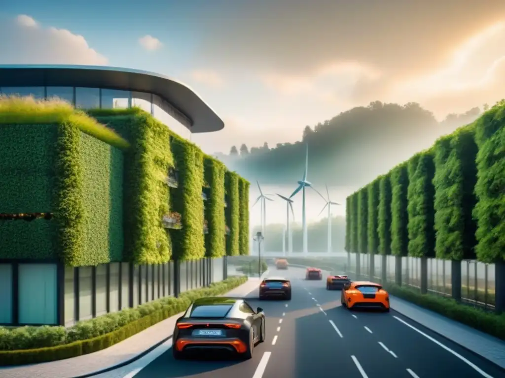 Metrópolis futurista: arquitectura verde en armonía con la naturaleza Un paisaje urbano bullicioso con edificios verdes futuristas integrados con la naturaleza, tecnología verde en desarrollo urbano