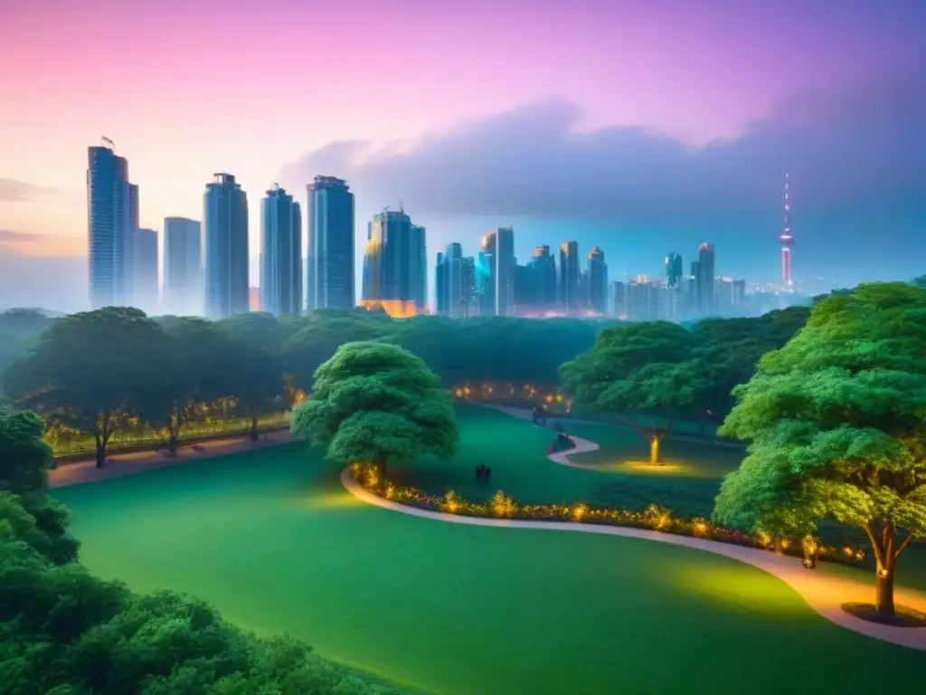 Metrópolis moderna: luces y naturaleza en armonía Un paisaje urbano bullicioso al anochecer, con un horizonte moderno de altos edificios iluminados por luces coloridas
