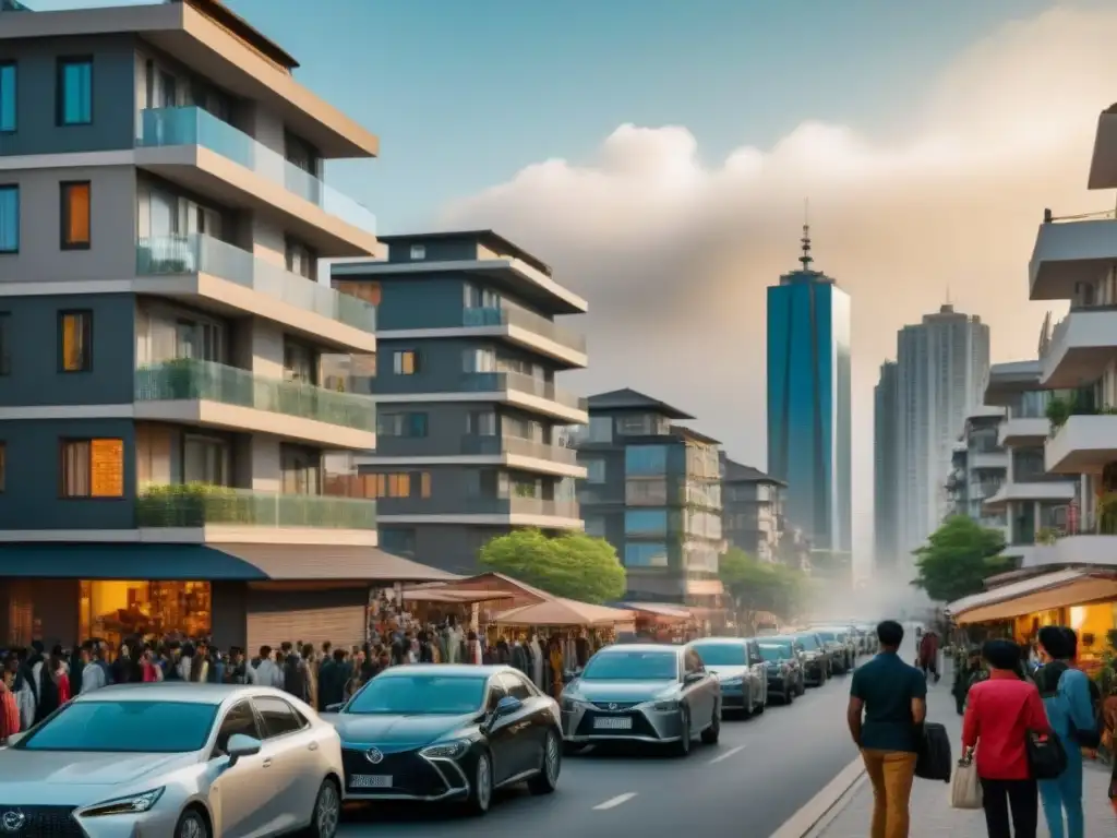 Migración urbana: diversidad arquitectónica y social Un paisaje urbano bullicioso con mezcla de arquitectura moderna y tradicional