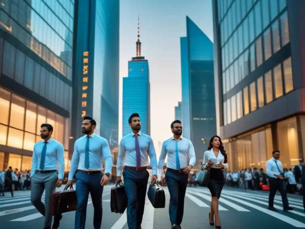 Urgencia en la ciudad: inversión inmobiliaria global al atardecer Un paisaje urbano bullicioso al anochecer, con rascacielos iluminados reflejando la última luz del sol