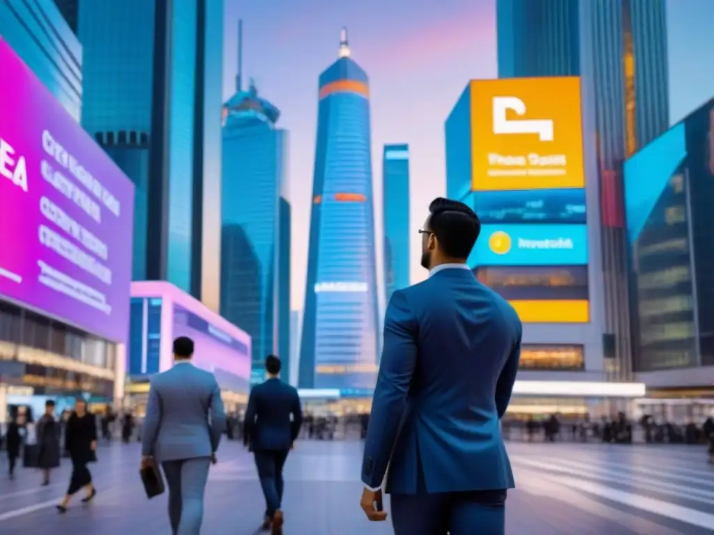 Distrito financiero moderno con criptomonedas y rascacielos iluminados Un paisaje urbano bullicioso al anochecer, con rascacielos modernos iluminados por luces de neón vibrantes