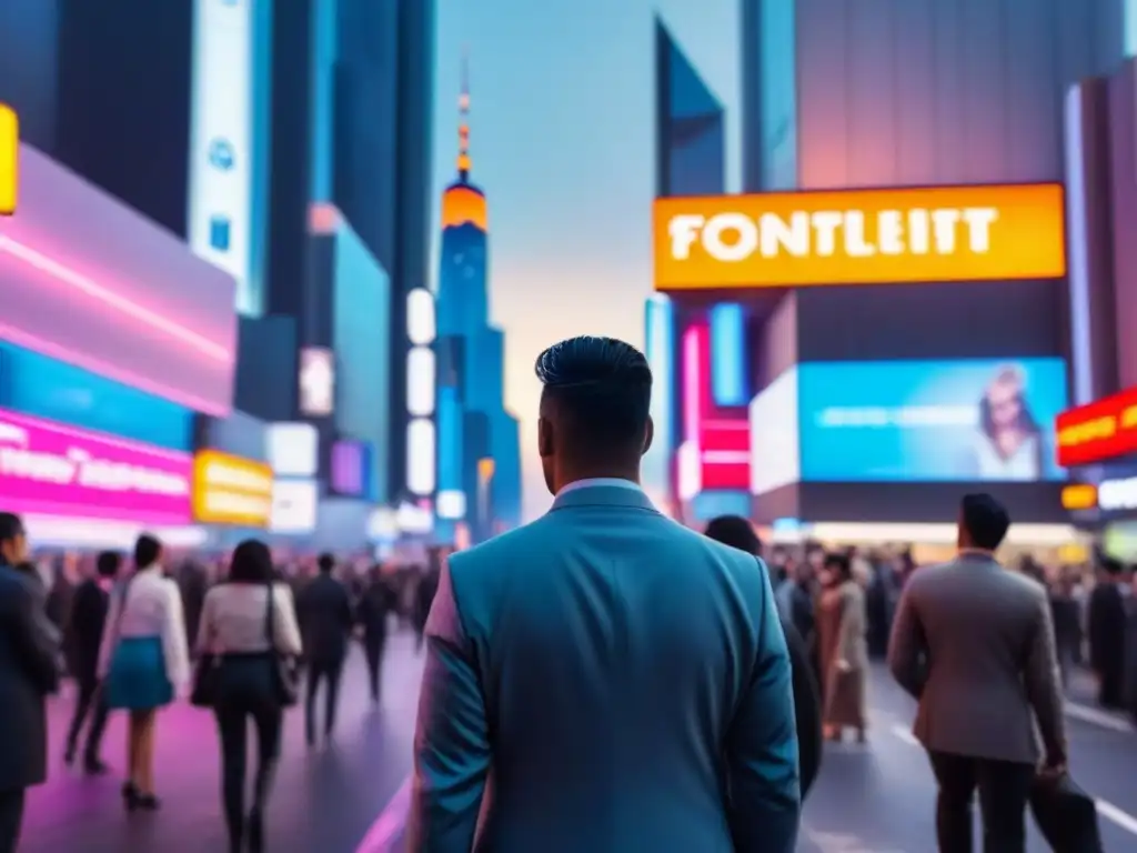 Metrópolis futurista al atardecer: vibrante y lleno de vida urbana Un paisaje urbano bullicioso al anochecer con rascacielos futuristas iluminados por luces neón vibrantes y gente diversa en la calle