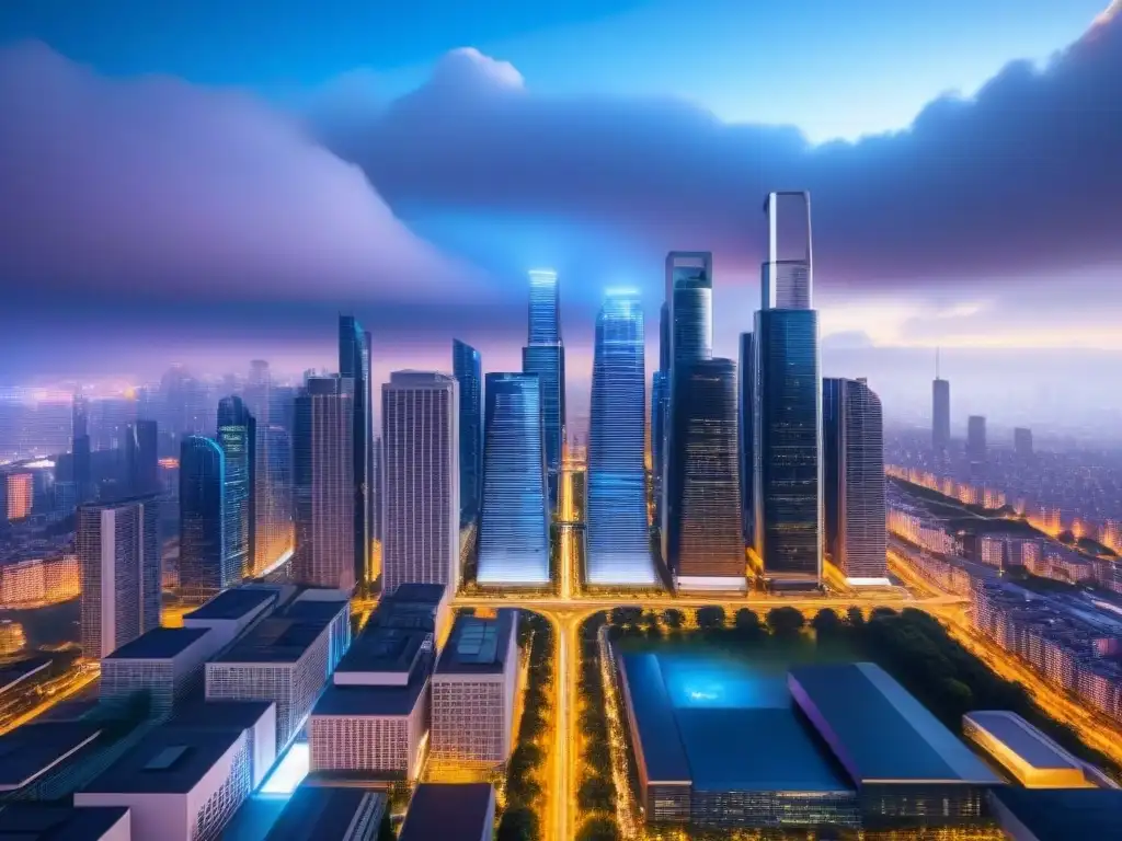 Skyline digital futurista: seguridad y datos Un paisaje urbano digital futurista al anochecer, con rascacielos elegantes iluminados por flujos de datos