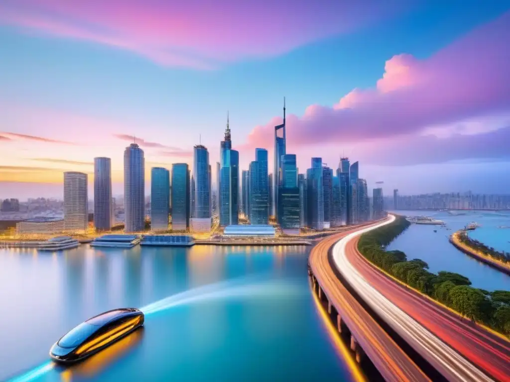 Horizonte urbano moderno al anochecer: luces, actividad y diversidad Un paisaje urbano dinámico al anochecer, con rascacielos iluminados y gente diversa en las calles
