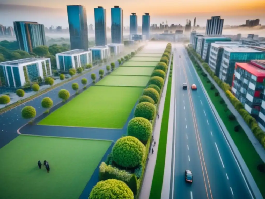 Vida urbana postpandemia: crecimiento demanda inmobiliaria Un paisaje urbano dinámico con rascacielos modernos y espacios verdes entrelazados, reflejando la demanda de propiedades en la era postpandemia