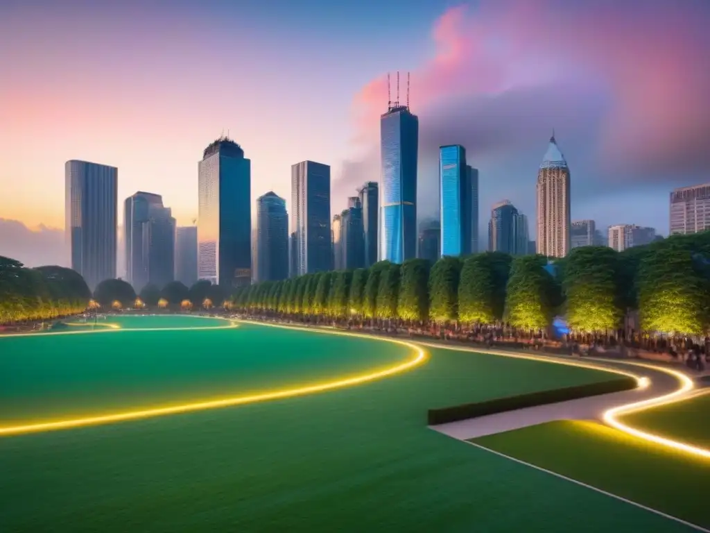 Cityscape vibrante: armonía entre modernidad y tradición Un paisaje urbano dinámico al anochecer, con rascacielos modernos y edificios históricos integrados