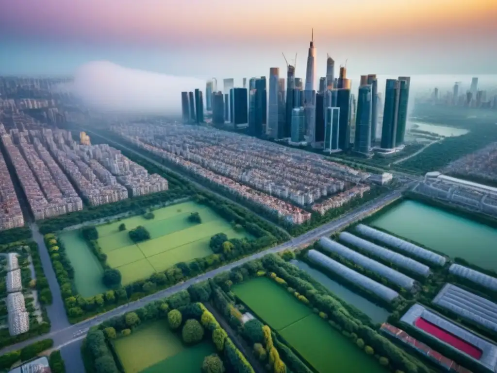 Metrópolis vibrante: migración y mercado inmobiliario global Un paisaje urbano dinámico con rascacielos, edificios residenciales y espacios verdes, simbolizando casos de éxito mercado inmobiliario