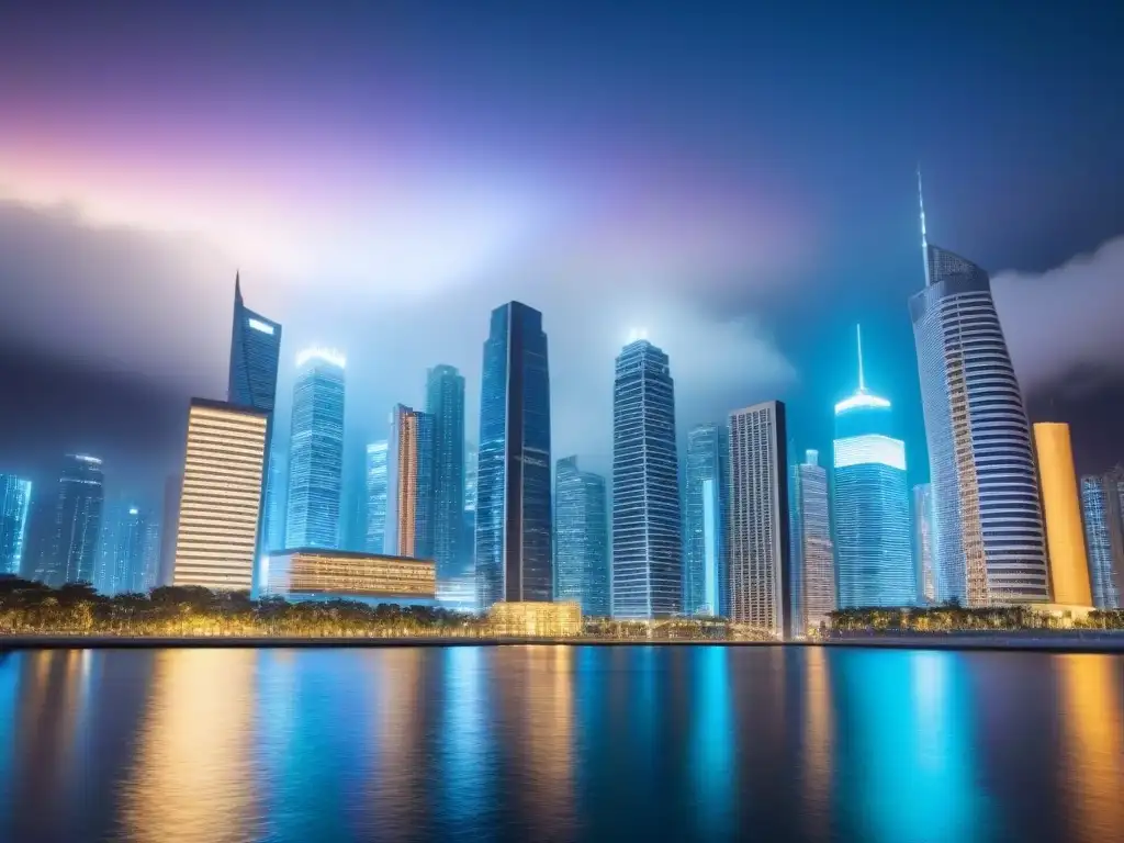 Diversidad arquitectónica: Ética global en bienes raíces Un paisaje urbano diverso iluminado de noche con rascacielos de diferentes estilos arquitectónicos alrededor del mundo