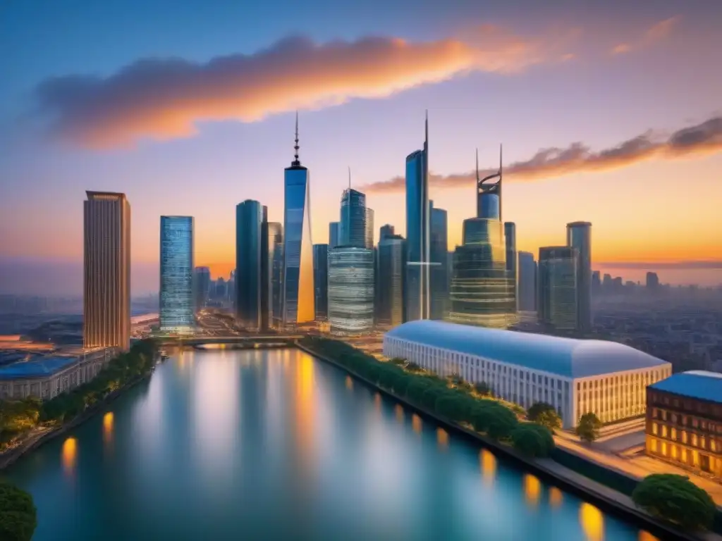 Cityscape diverso: fusión de modernidad y tradición global Un paisaje urbano diverso con rascacielos modernos y edificios tradicionales, reflejados en un río al atardecer