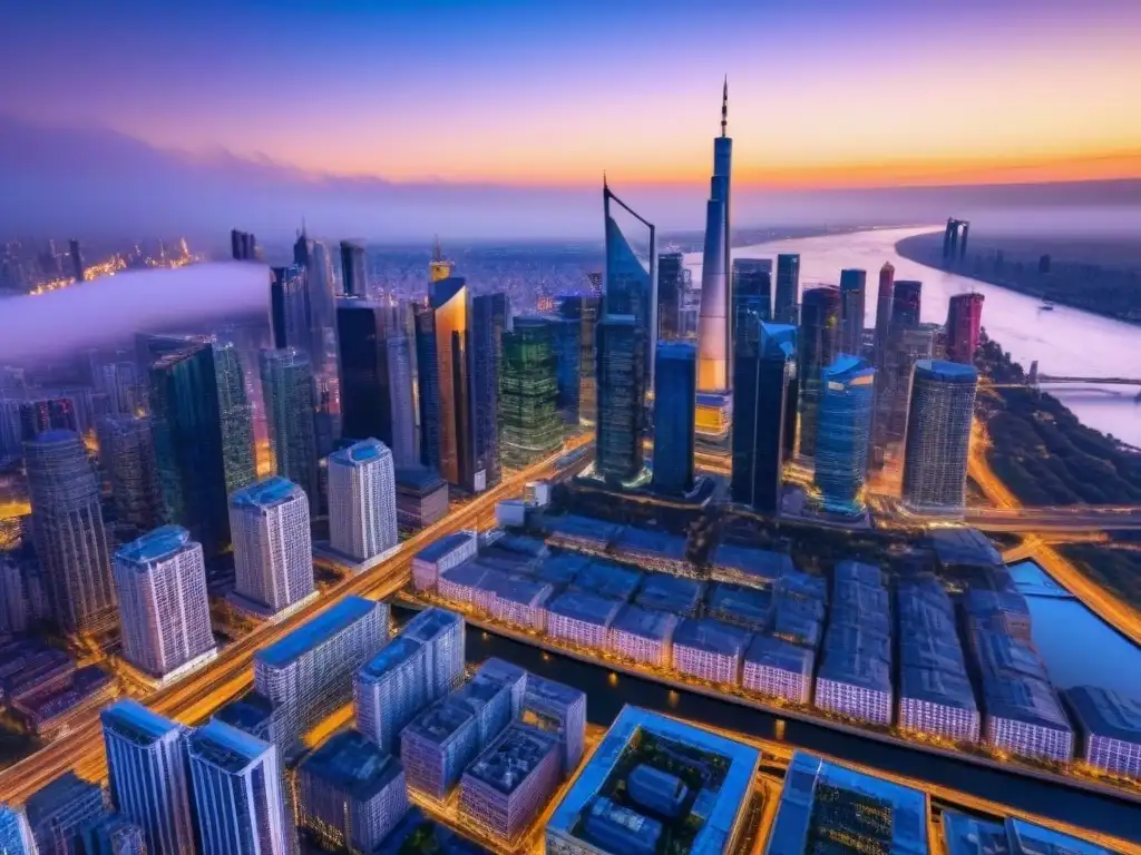 Horizonte urbano al atardecer: inversión y crecimiento Un paisaje urbano de ensueño al atardecer, con rascacielos modernos y luces vibrantes, reflejando una salida efectiva inversiones inmobiliarias