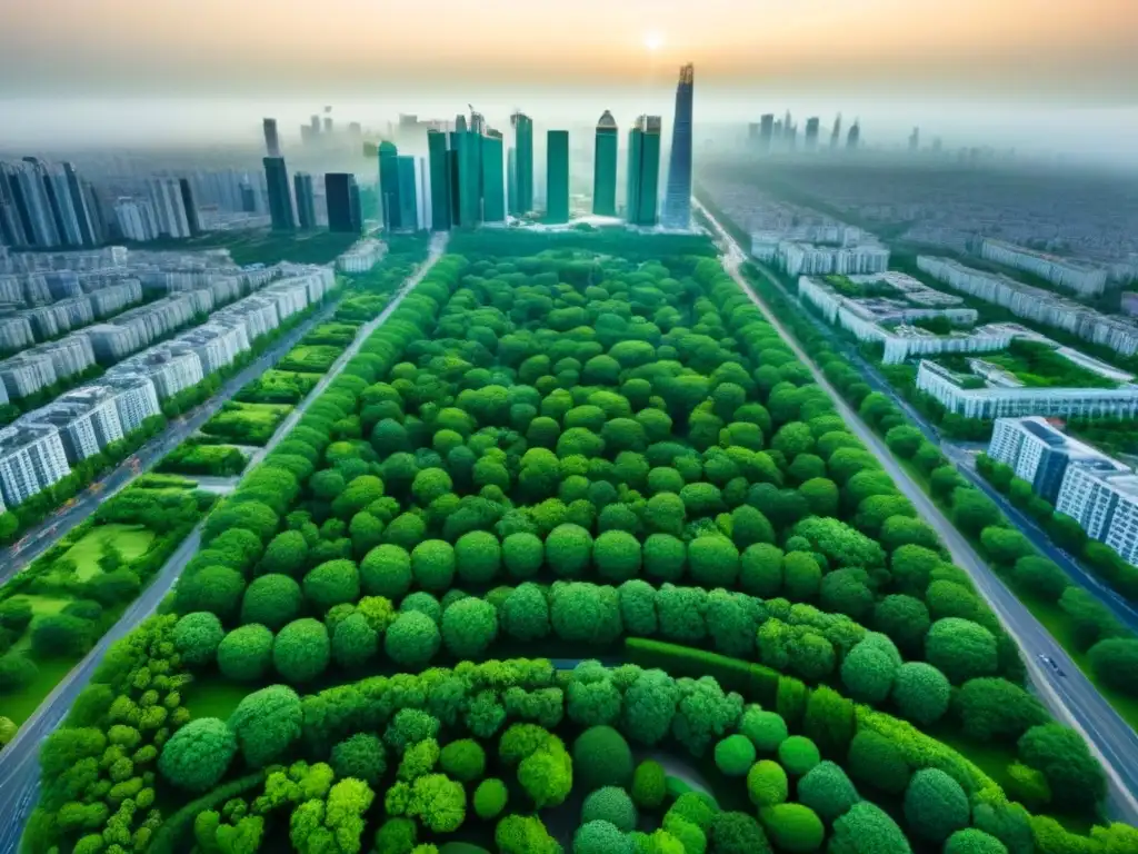 Metrópolis verde: armonía entre naturaleza y modernidad en la ciudad Un paisaje urbano con espacios verdes integrados, ilustrando las mejores inversiones inmobiliarias internacionales
