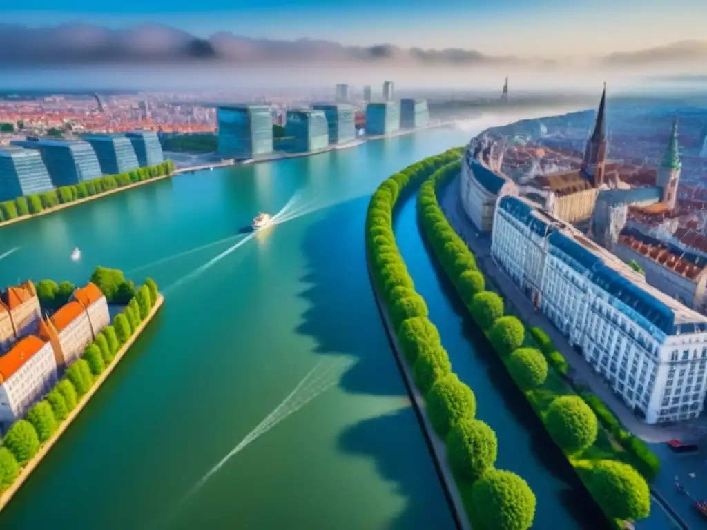 Panorama urbano europeo: mezcla arquitectónica y progreso inmobiliario Un paisaje urbano europeo vibrante con una mezcla armoniosa de arquitectura histórica y rascacielos contemporáneos