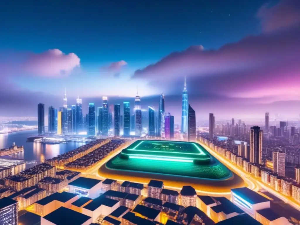 Skyline futurista en 8k: luces neón, criptomonedas y prosperidad financiera Un paisaje urbano futurista de alta tecnología con rascacielos iluminados por luces neón en la noche