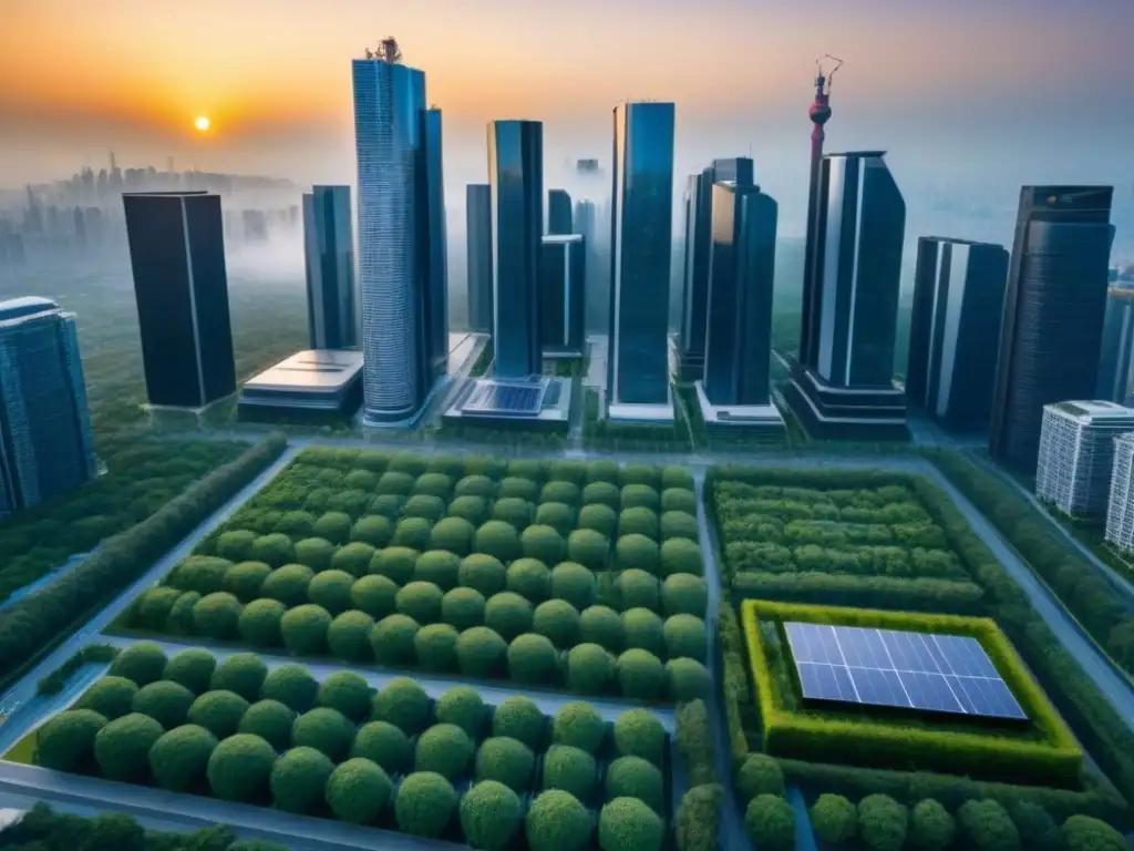 Metrópolis futurista: armonía entre naturaleza y tecnología Un paisaje urbano futurista con arquitectura sostenible y tecnología, bañado por la luz del atardecer