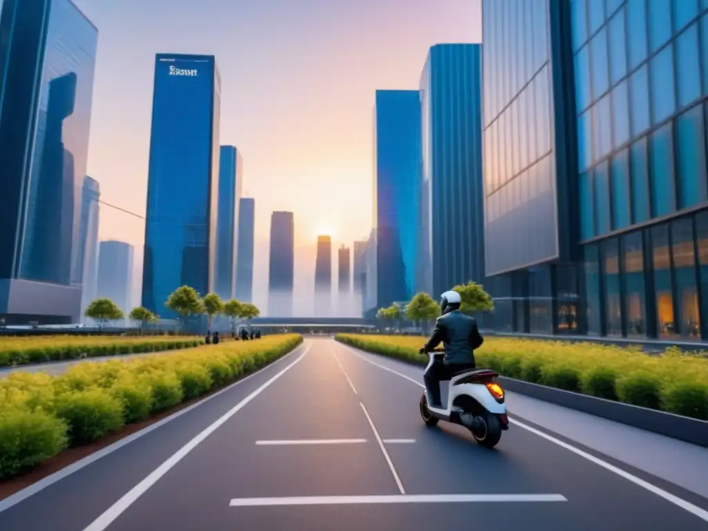 Metrópolis ecofuturista: sostenibilidad y tecnología en armonía Un paisaje urbano futurista asombroso al atardecer con rascacielos ecológicos, personas usando métodos de transporte sostenibles y tecnología avanzada