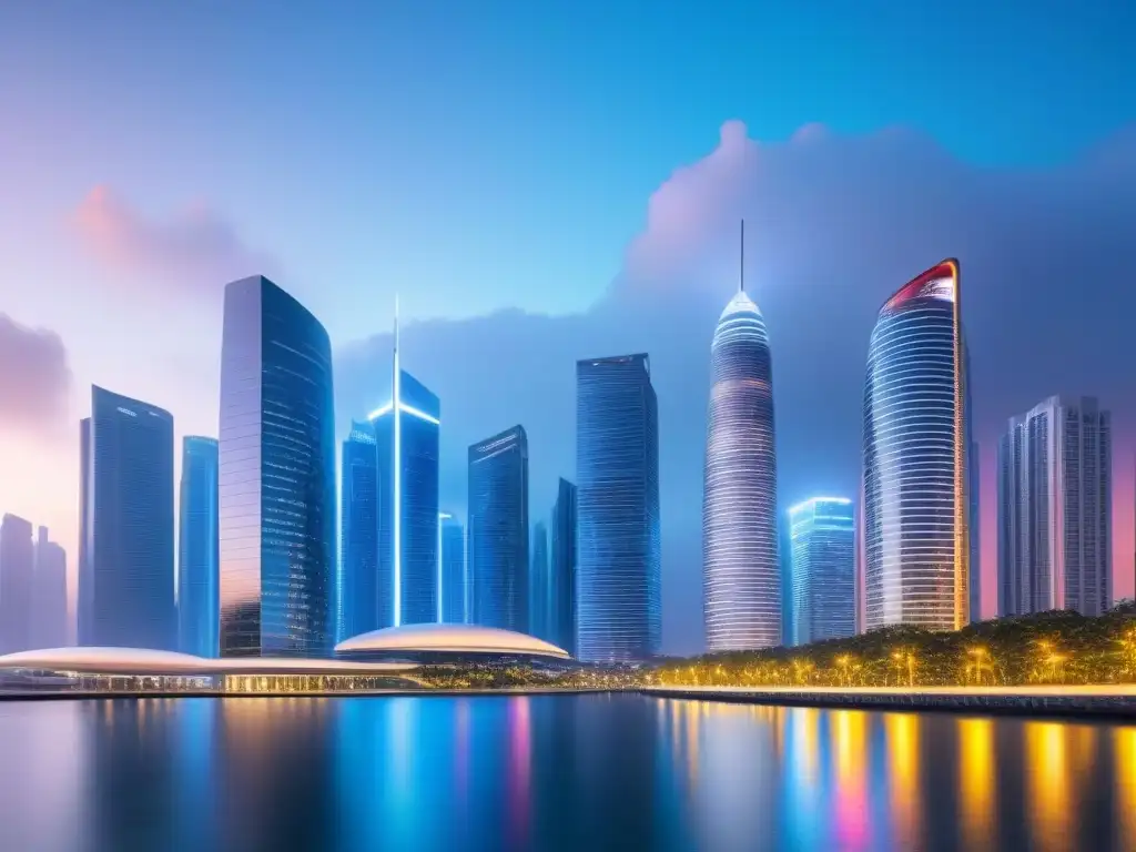Metrópolis futurista: IA revoluciona valuación inmobiliaria Un paisaje urbano futurista al atardecer, destacando rascacielos iluminados con luces vibrantes sobre un cuerpo de agua sereno