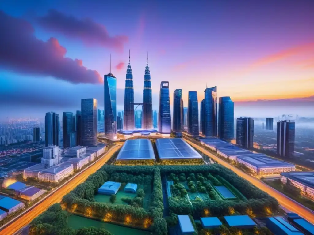 Metrópolis futurista: luces y naturaleza en armonía Un paisaje urbano futurista al atardecer con tecnología avanzada en REITs: Guía completa