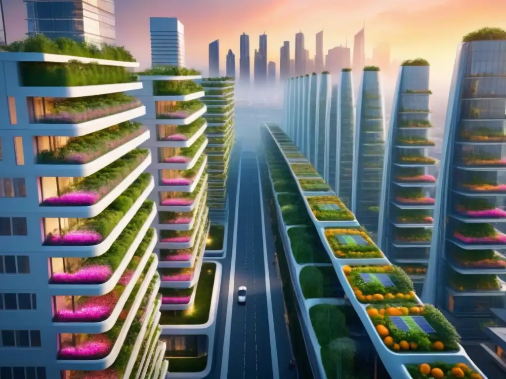 Metrópolis ecoamigable del futuro al atardecer Un paisaje urbano futurista al atardecer con rascacielos sostenibles y jardines verticales