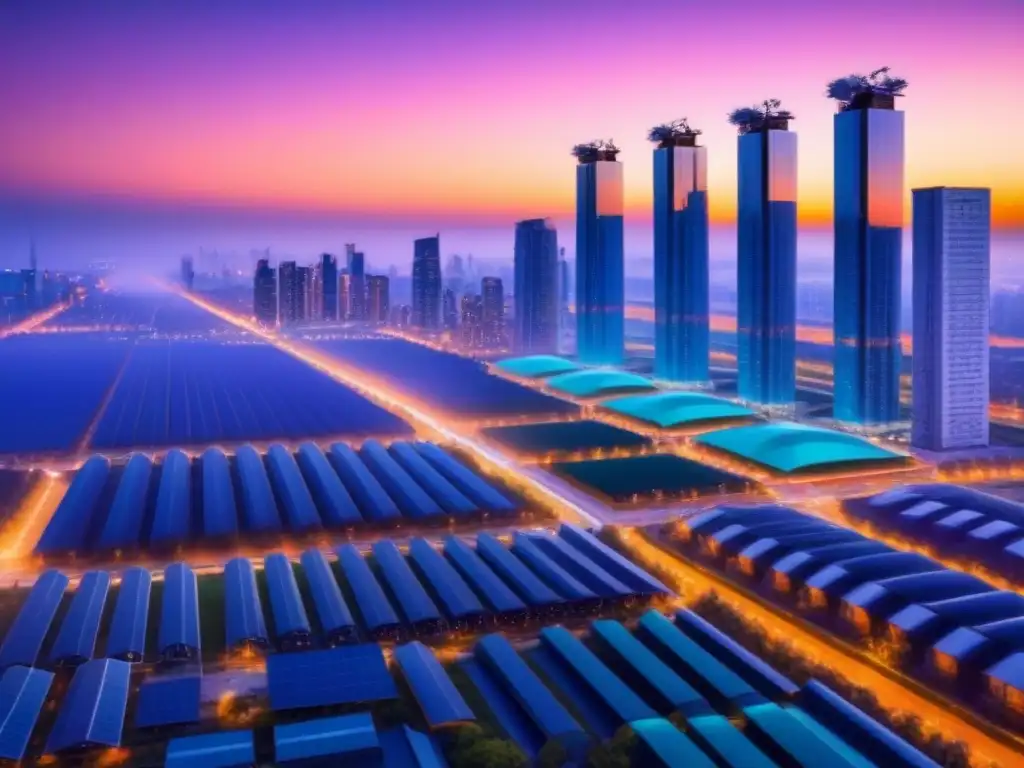 Metrópolis sostenible: arquitectura eco-amigable al atardecer Un paisaje urbano futurista al atardecer con edificios sostenibles, paneles solares y turbinas eólicas