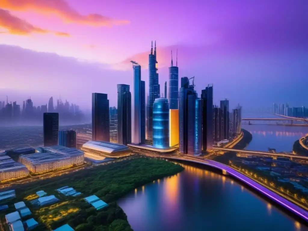Metrópolis futurista: luces, ríos y trenes sostenibles Un paisaje urbano futurista al atardecer con rascacielos, jardines en azoteas y trenes de alta velocidad