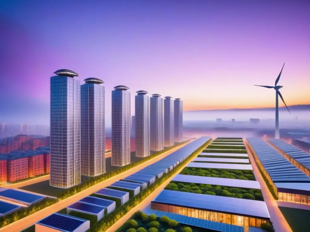 Metrópolis futurista sostenible al atardecer Un paisaje urbano futurista al atardecer con edificios verdes sostenibles, energía solar y vehículos eléctricos