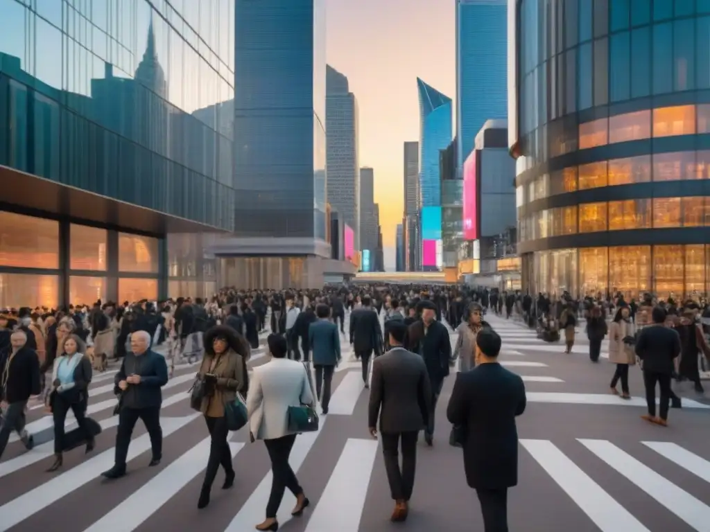 Futurismo urbano: ciudad dinámica y multicultural al anochecer Un paisaje urbano futurista y bullicioso con rascacielos imponentes y sistemas de transporte avanzados integrados en el entorno urbano