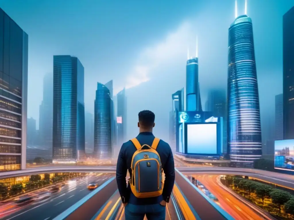 Metrópolis futurista: Innovación en PropTech Un paisaje urbano futurista bullicioso con rascacielos elegantes y tecnología inmobiliaria avanzada