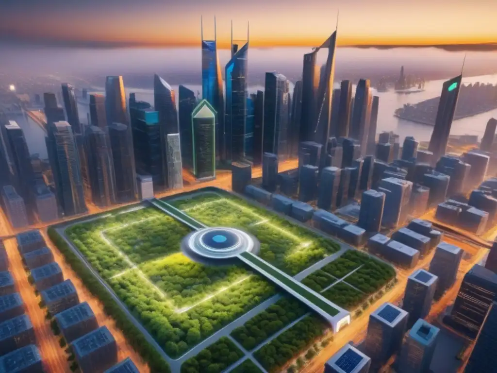 Metropolis futurista: tecnología integrada en el mercado inmobiliario en Norteamérica Un paisaje urbano futurista de una ciudad norteamericana con tecnología avanzada en edificios y vehículos