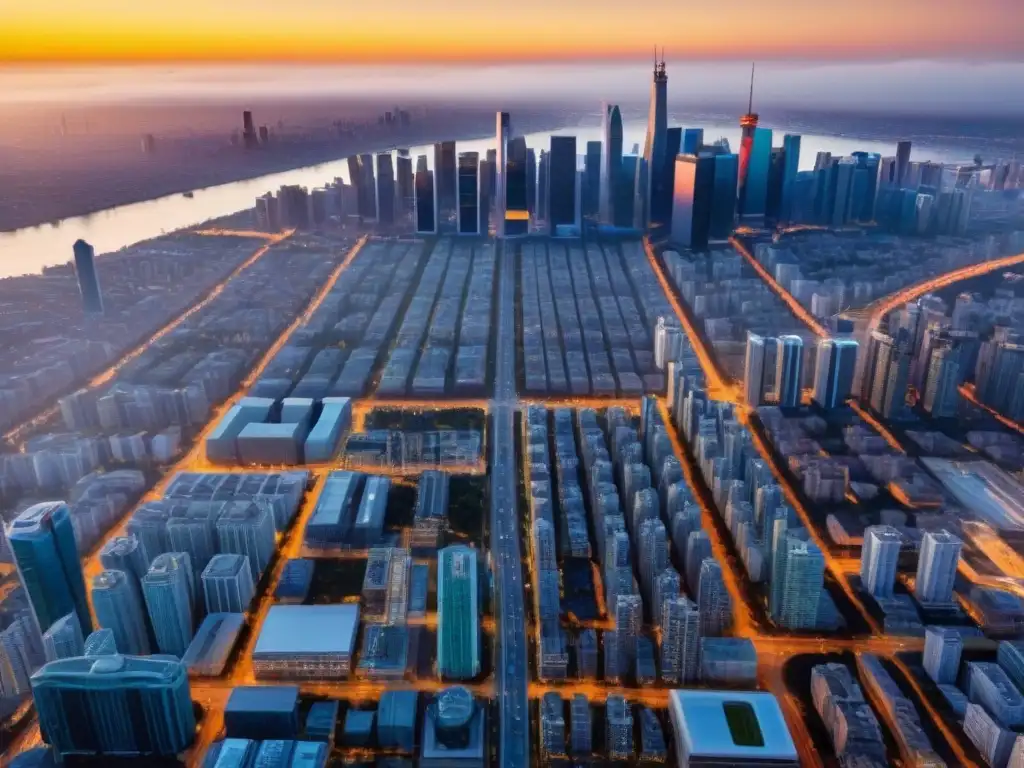 Metrópolis futurista: Desarrollo urbano en ascenso al atardecer Un paisaje urbano futurista de una ciudad bulliciosa con rascacielos modernos, reflejando el crecimiento en mercados inmobiliarios emergentes