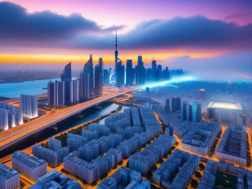 Metropolis fusionadas: Innovación en mercados emergentes Un paisaje urbano futurista fusionando dos ciudades, representando fusiones en mercados emergentes