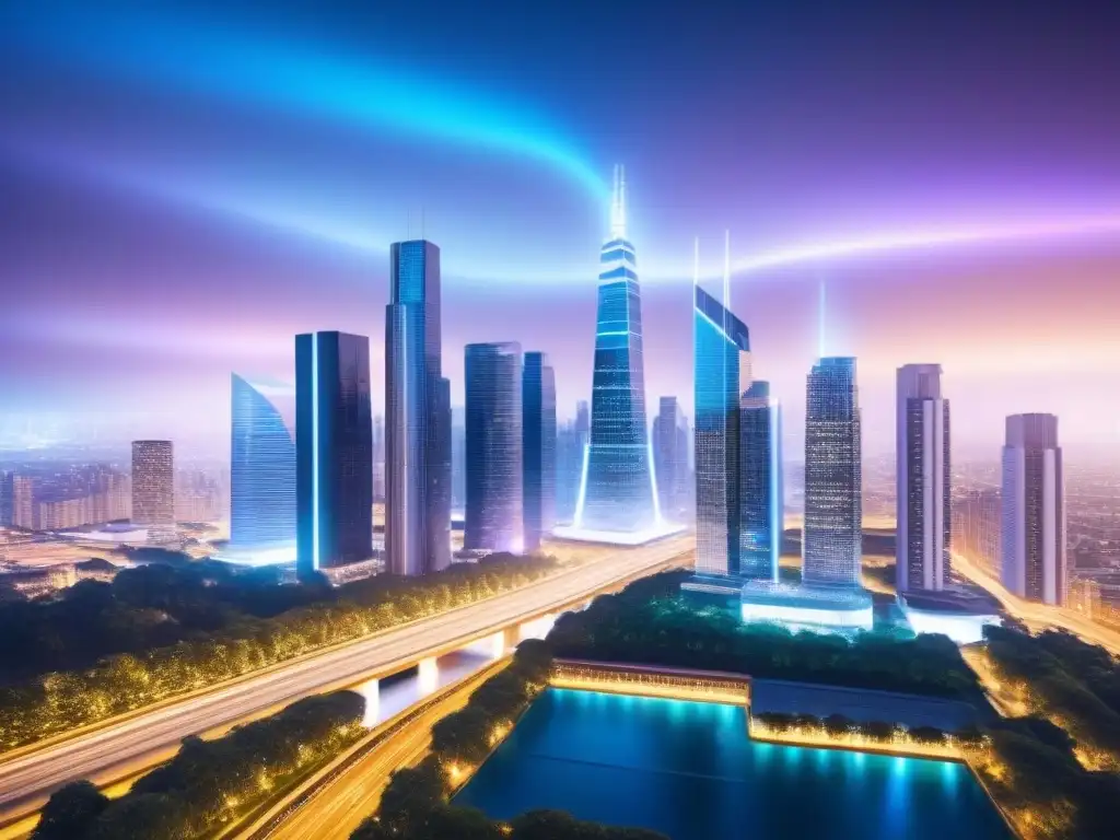 Metrópolis futurista: Big Data y AI en inversión inmobiliaria global Un paisaje urbano futurista con corrientes de datos entre rascacielos, fusionando Big Data y AI en inversión inmobiliaria