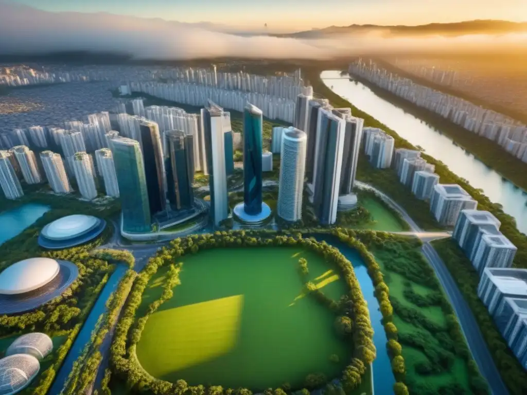 Horizonte futurista: arquitectura vanguardista y naturaleza en Norteamérica Un paisaje urbano futurista de Desarrollos inmobiliarios Norteamérica 2023, con rascacielos de cristal, parques verdes y atardecer dorado