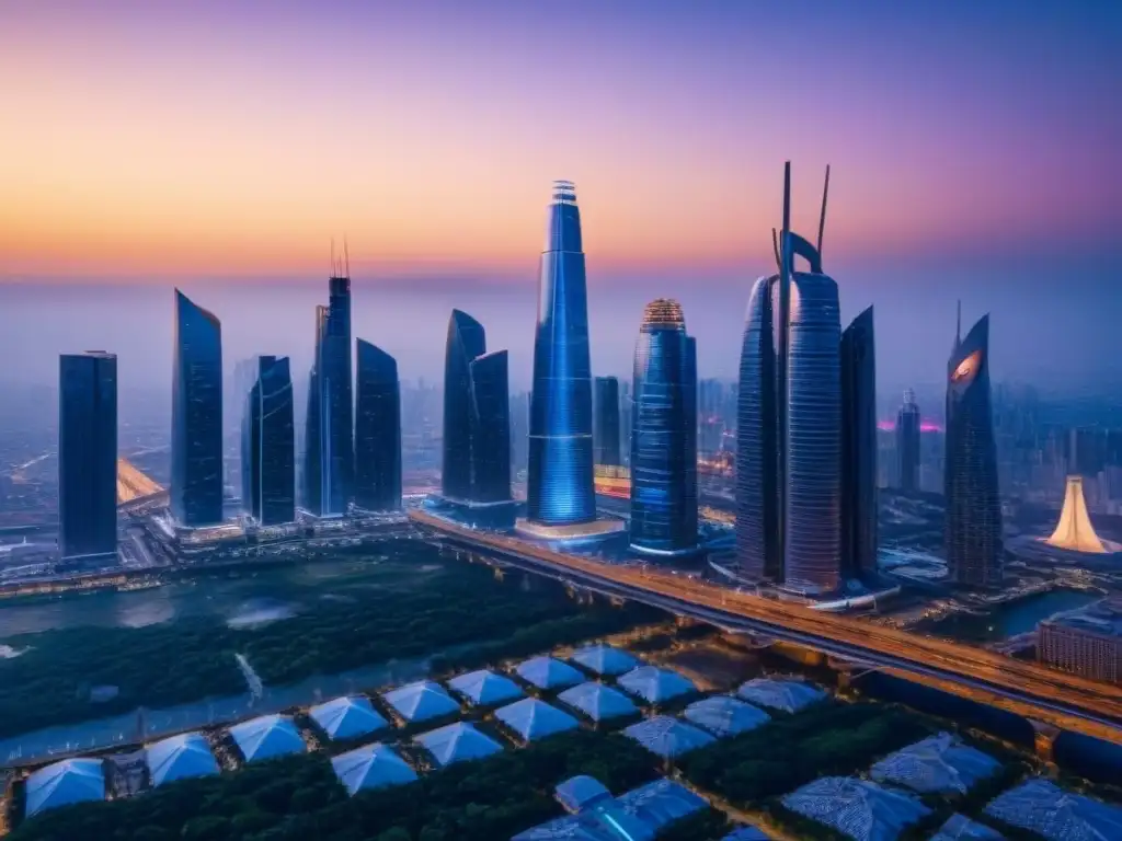 Horizonte futurista de ciudad emergente: luces de crepúsculo 'Paisaje urbano futurista en destino emergente con impresionantes rascacielos y vida callejera vibrante al anochecer