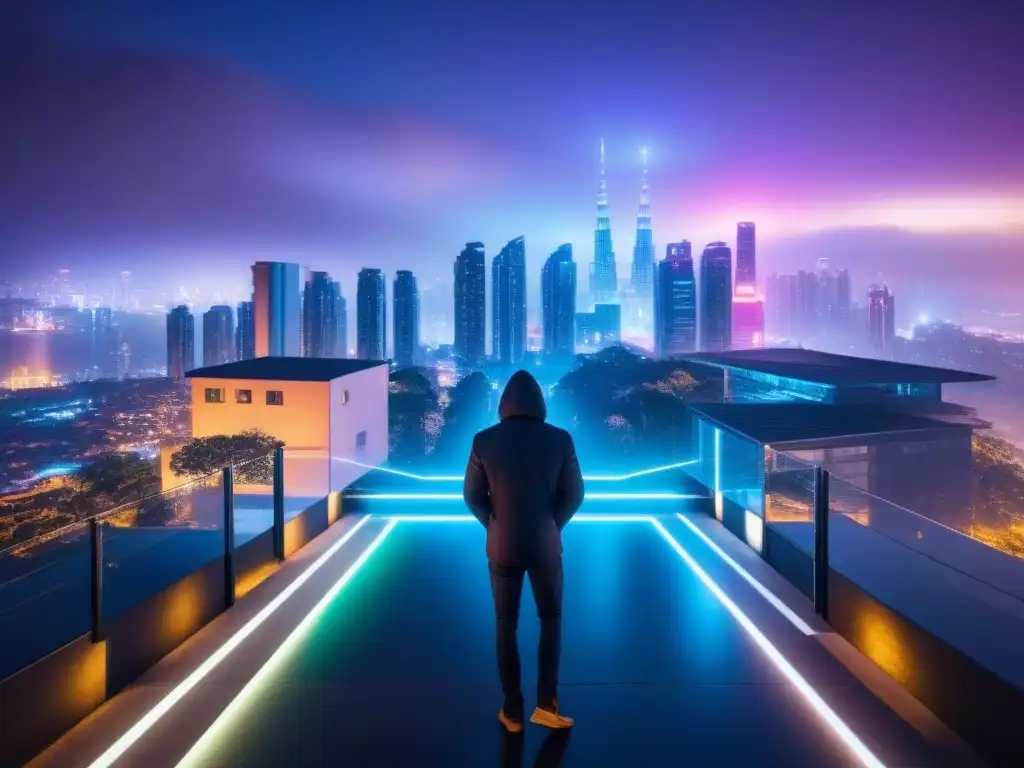 Metrópolis futurista: ciberseguridad y AI en bienes raíces Un paisaje urbano futurista digital de noche, iluminado por luces de neón con símbolos holográficos de ciberseguridad sobre los edificios