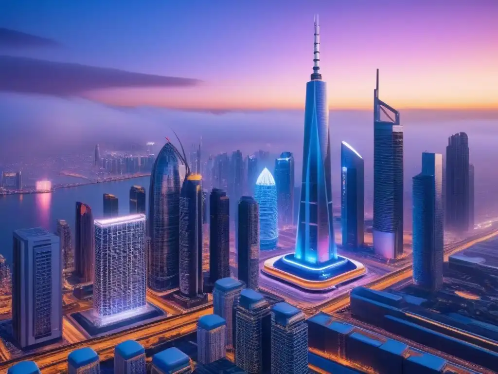 Metrópolis futurista: innovación y colaboración en PropTech Un paisaje urbano futurista y dinámico al anochecer, con rascacielos innovadores y tecnología avanzada