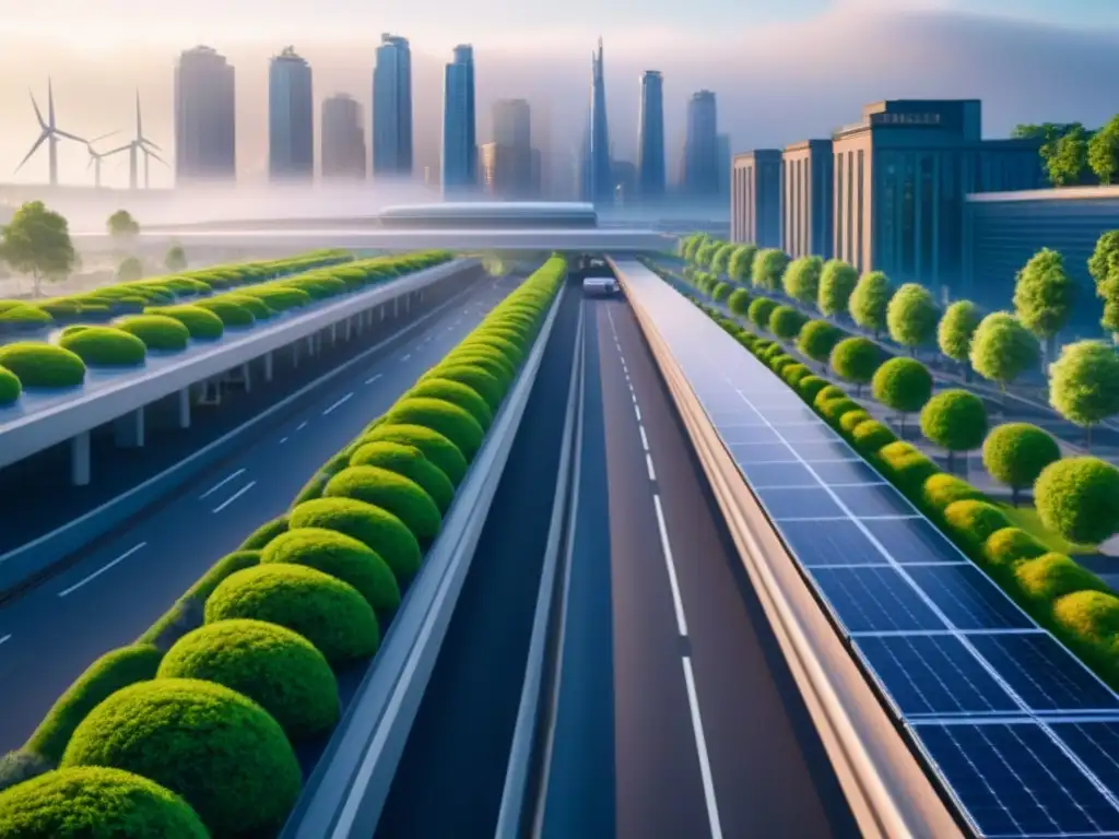 Metrópolis futurista: armonía entre naturaleza y tecnología Un paisaje urbano futurista con diseño sostenible, integrando naturaleza y tecnología