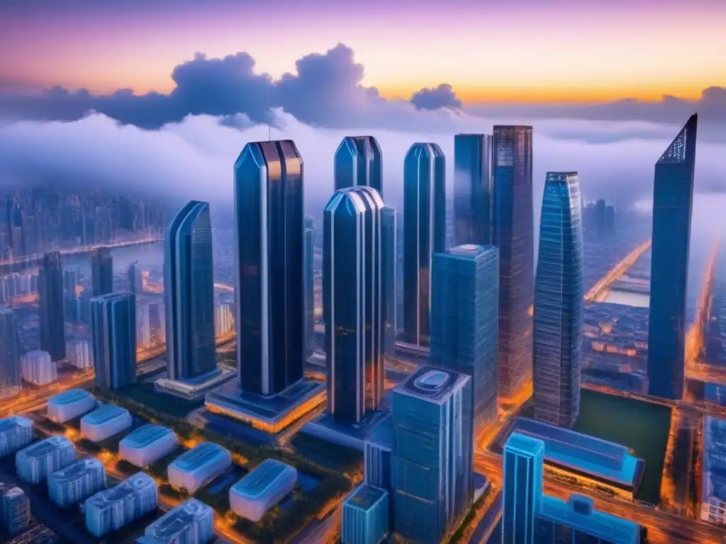 Metropolis futurista: fusión arquitectónica y tecnológica Un paisaje urbano futurista dominado por rascacielos interconectados de vidrio y acero, fusiones en el mercado inmobiliario