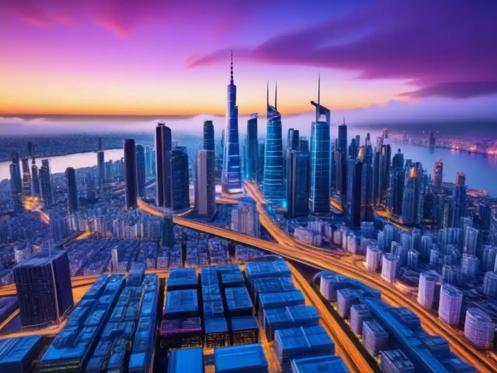 Futurista ciudad nocturna de rascacielos brillantes en 8k Un paisaje urbano futurista dominado por rascacielos innovadores iluminados por luces coloridas