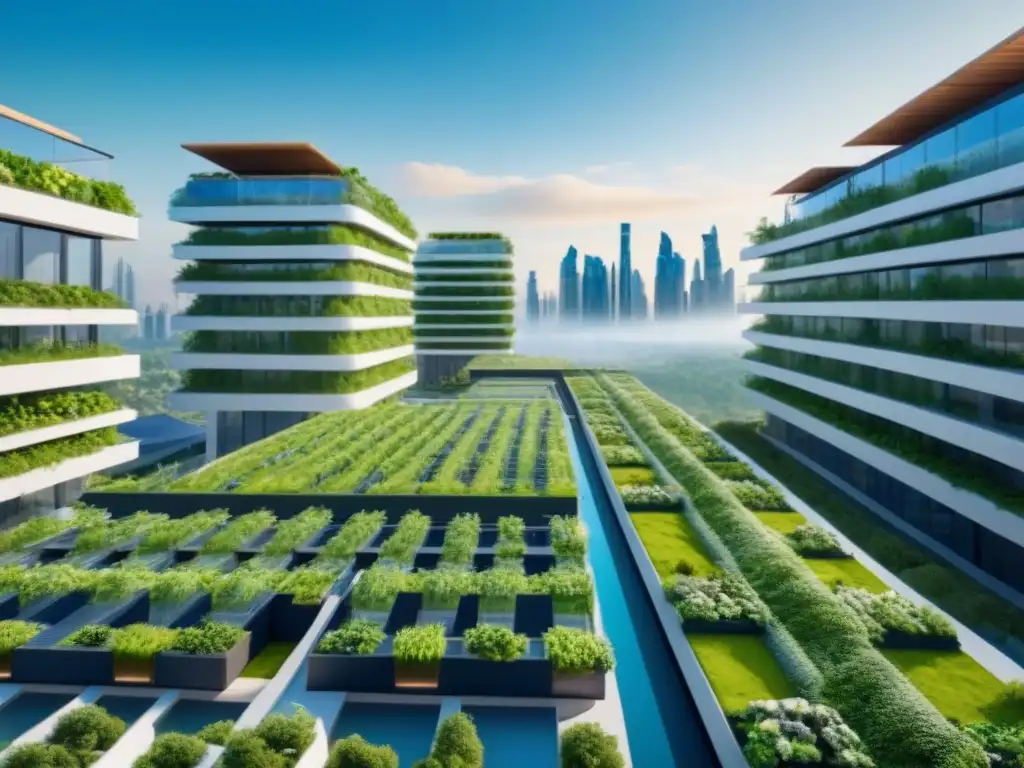 Eco-ciudad futurista 8k: arquitectura sostenible y naturaleza Un paisaje urbano futurista ecológico con arquitectura sostenible, jardines verticales y energía renovable