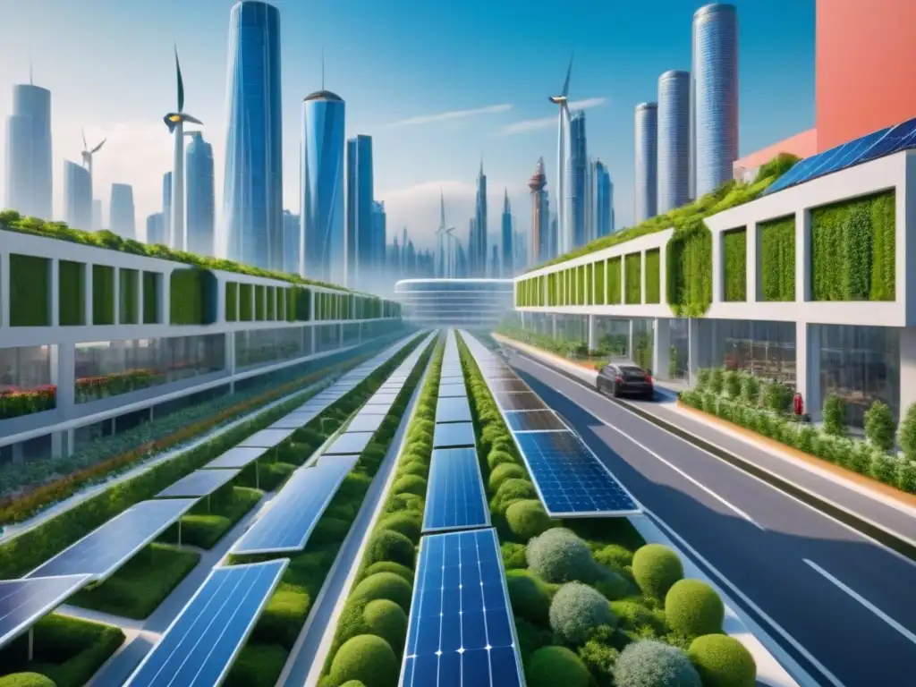 Metrópolis ecoamigable: edificios verdes y tecnología sostenible Un paisaje urbano futurista y ecológico con edificios verdes, paneles solares, jardines verticales y turbinas eólicas