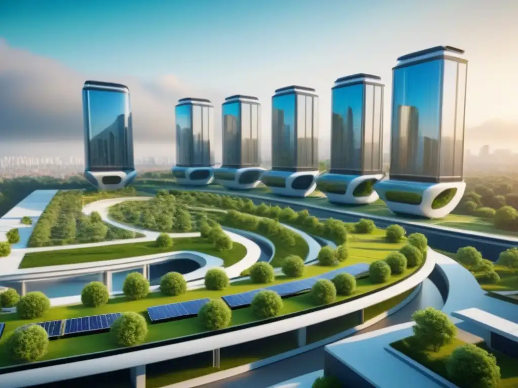 Futurismo sostenible: arquitectura modular innovadora en la ciudad del mañana Un paisaje urbano futurista con edificaciones modulares innovadoras y sostenibles, uniendo diseño moderno y elementos ecológicos