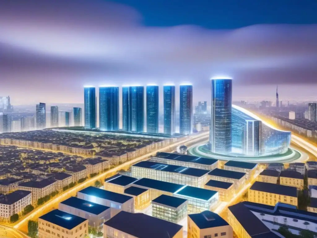 Metrópolis futurista: Big Data revoluciona el sector inmobiliario Un paisaje urbano futurista con edificios inteligentes y tecnología Big Data en el mercado inmobiliario